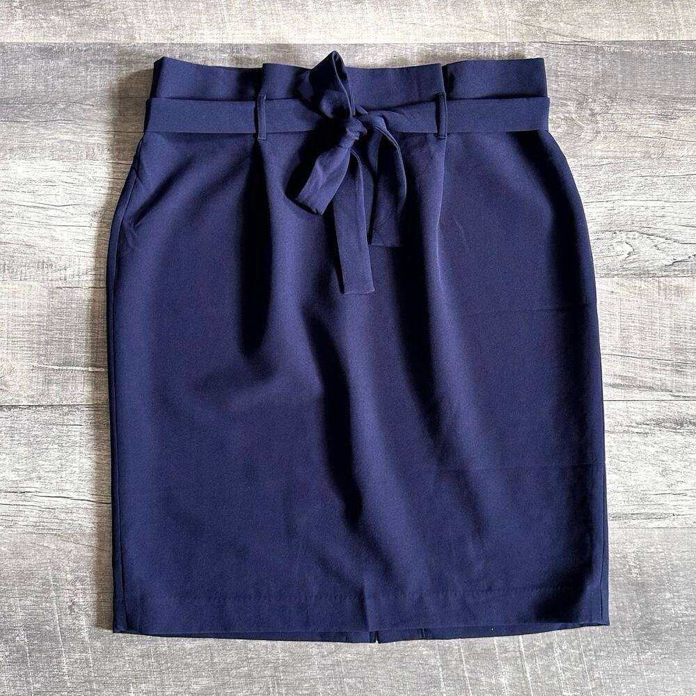 Liz Claiborne Tie Belt A Line Skirt Womens 16 Navy Blue Paperbag Waist Career